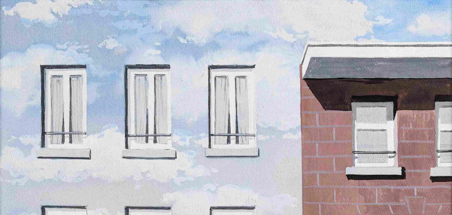 A detailed painting of two building facades under a blue sky with fluffy clouds. On the left, a white building with four windows, and on the right, a brown brick building with a sloped roof and two windows. The composition highlights the contrast between the architectural styles and the serene sky above.